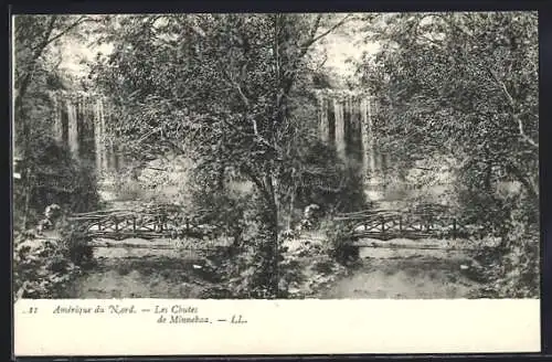 Stereo-AK Les Chutes de Minnehaa, Wasserfall mit Brücke