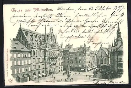 AK München, Rathaus mit Platz und Säulendenkmal aus der Vogelschau