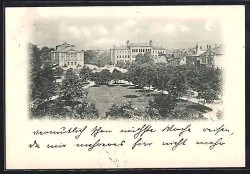 AK Göttingen, Deutsches Theater mit Parkanlage aus der Vogelschau