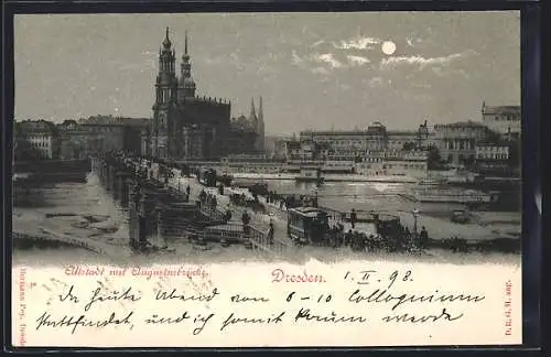 AK Dresden, Altstadt mit Augustusbrücke bei Mondschein