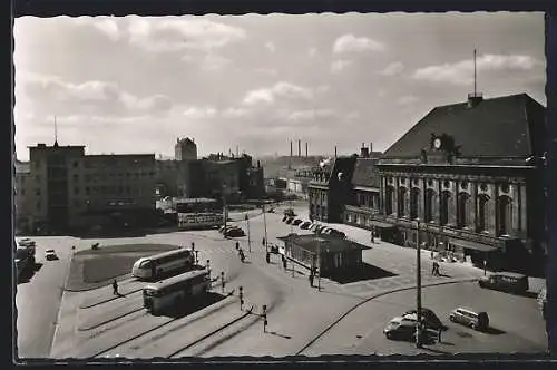 AK Hamm i. W., Bahnhofsvorplatz mit Bahnhof aus der Vogelschau