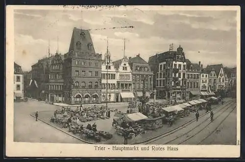 AK Trier, Hauptmarkt und Rotes Haus mit Marktständen