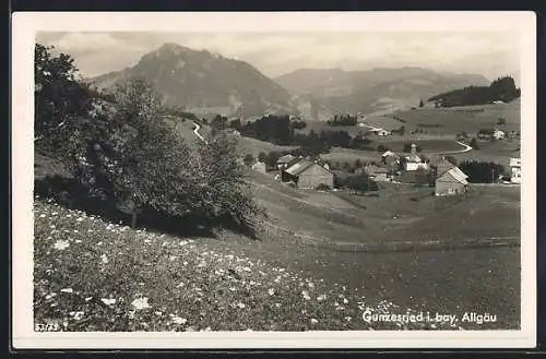 AK Gunzesried / bayr. Allgäu, Ortspartie mit Blick ins Tal und auf die Berge