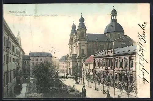 AK Mannheim, Schillerplatz und Jesuitenkirche mit Strasse aus der Vogelschau