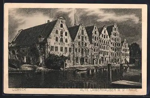 Künstler-AK Lübeck, Alte Lagerhäuser an der Trave