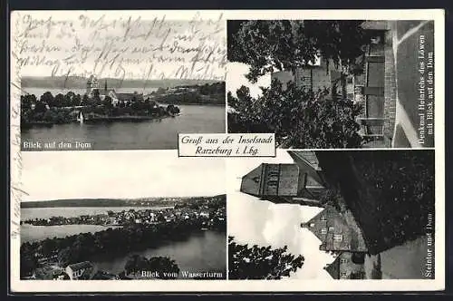 AK Ratzeburg i. Lbg., Denkmal Heinrichs des Löwen mit Blick auf den Dom, Steintor und Dom, Blick vom Wasserturm