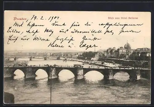 AK Dresden, Blick vom Hotel Bellevue mit Brücke