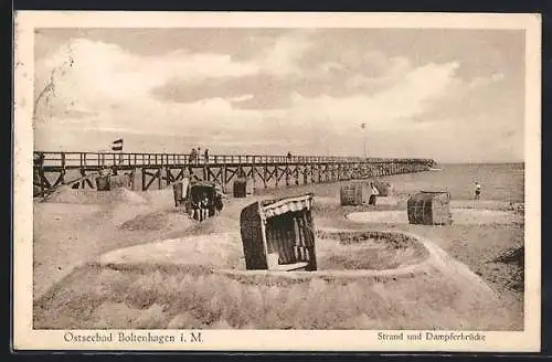 AK Boltenhagen i. M., Ostseebad, Strand und Dampferbrücke