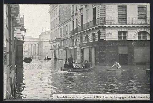 AK Paris, Inondations 1910, Rues de Bourgogne et Saint-Dominique, Strassenpartien bei Hochwasser