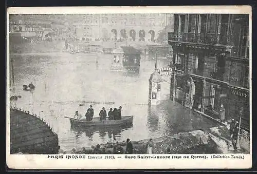 AK Paris, gare Saint-Lazare et rue de Rome, Inondations de Janvier 1910, Hochwasser