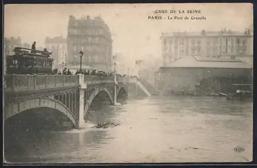 AK Paris, crue de la Seine, le pont de Grenelle, Brücke bei Hochwasser