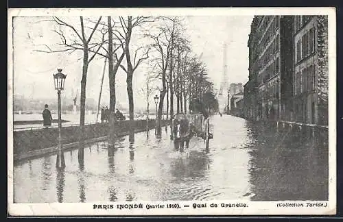 AK Paris, inondations de janvier 1910, quai de Grenelle, Pferdewagen und Eiffel-Turm während dem Hochwasser