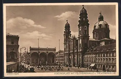 AK München, Odeonsplatz mit Feldherrnhalle u. Theatinerkirche, Strassenbahn