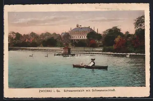 AK Zwickau, Schwanenteich mit Schwanenschloss