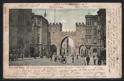 AK München, Karlstor mit Passanten und Cafe