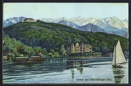 Künstler-AK Leoni am Starnberger See, Uferpartie mit Hotel