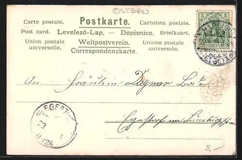AK Osterküken schlüpft vor Vergissmeinnicht aus einem Ei