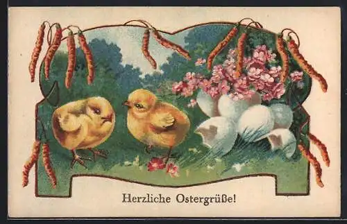 AK Osterküken auf einer Wiese mit Vergissmeinnicht