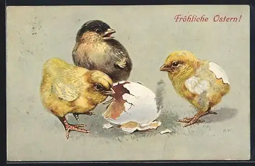 AK Fröhliche Ostern, 3 Osterküken an einem Ei