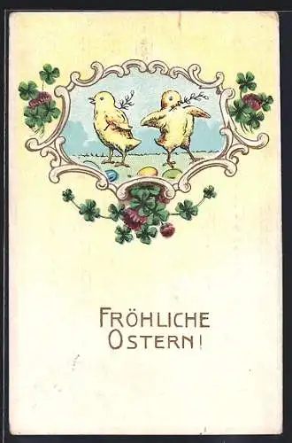 Präge-AK Zwei Osterküken mit Zweigen und Ostereiern, Ostergruss