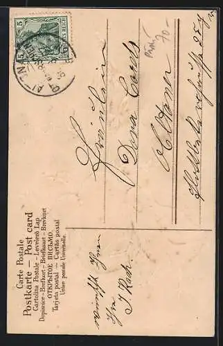 Präge-AK Zwei Osterküken mit Osterei im Korb, Ostergruss