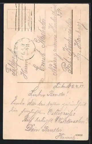 Präge-AK Osterküken in Papiertüte mit Zweigen, Ostergruss