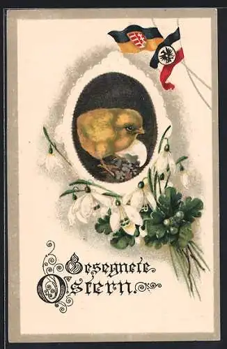 Präge-AK Osterküken mit Ei, Krokusse, Ostergruss