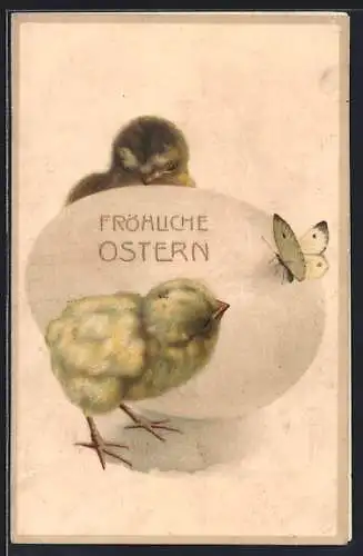 AK Zwei Osterküken am Ei mit Schmetterling, Ostergruss