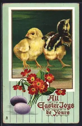 AK Zwei Osterküken, Blumen und Ostereier, Ostergruss