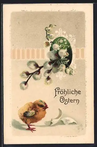 Präge-AK Osterküken mit Kätzchenzweigen, Ostergruss