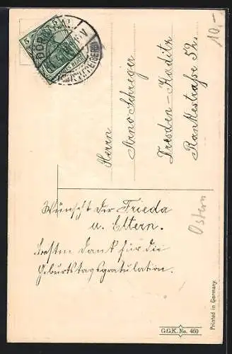 Präge-AK Osterküken mit Kätzchenzweigen, Ostergruss