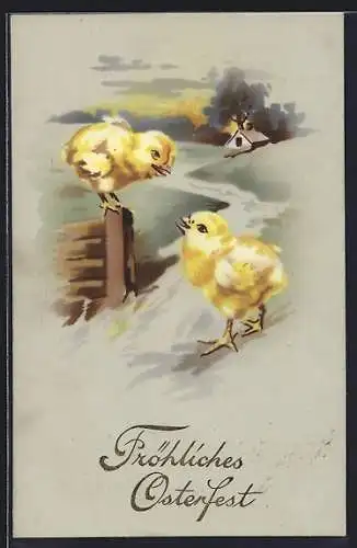 AK Zwei Osterküken in winterlicher Landschaft, Ostergruss