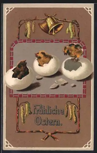 Lithographie Osterküken schlüpfen aus Eiern