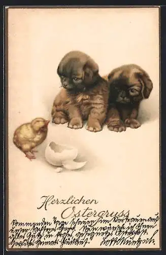 AK Osterküken und Hundewelpen mit Eierschalen, Ostergrüsse