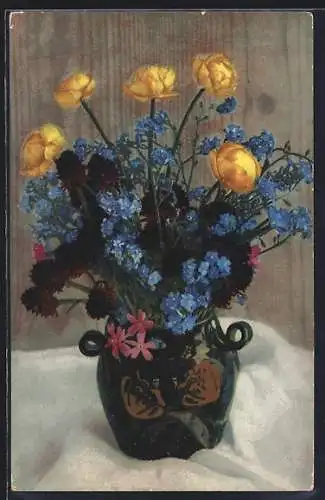 AK Photochromie NR 493: Bunter Blumenstrauss mit Vergissmeinnicht in einer Vase