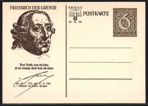 AK Portrait Friedrich der Grosse, Ganzsache WHW Winterhilfswerk
