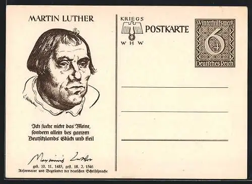 AK Martin Luther, Ganzsache WHW Winterhilfswerk