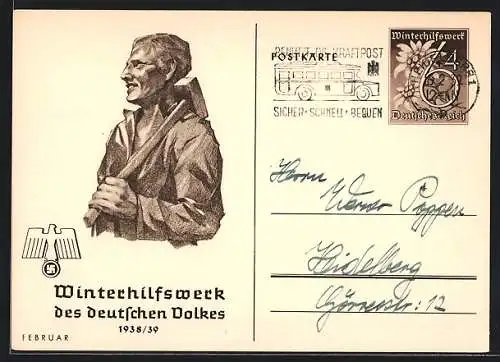 AK WHW Winterhilfswerk des deutschen Volkes 1938-39, Februar, Arbeiter mit Hammer, Ganzsache