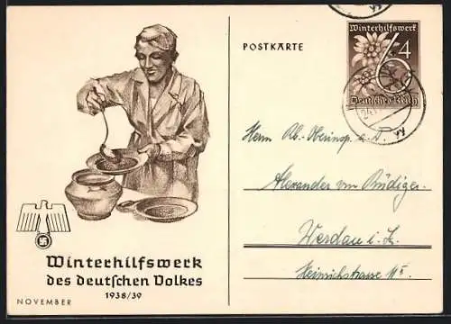 AK WHW Winterhilfswerk 1938 /39, Frau schenkt Suppe aus, Ganzsache