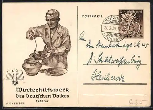 AK WHW Winterhilfswerk 1938 /39, Frau schenkt Suppe aus, Ganzsache