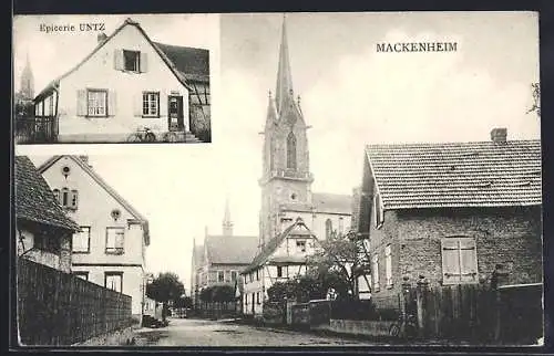 AK Mackenheim, Epicerie Untz, Strassenpartie mit Blick zur Kirche