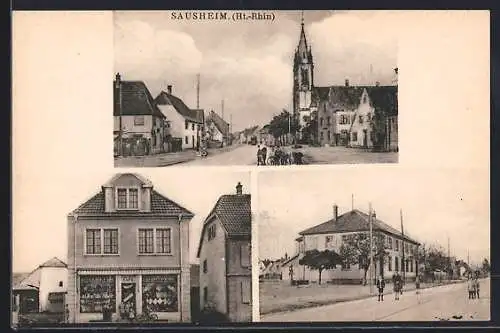 AK Sausheim, Grand Rue, Mairie, Epicerie et Mercerie