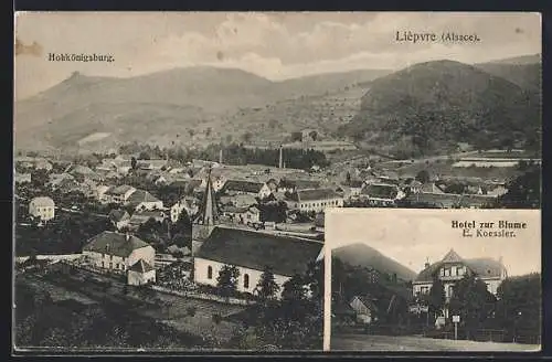 AK Lièpvre, Hotel zur Blume, Ortsansicht mit Hohkönigsburg