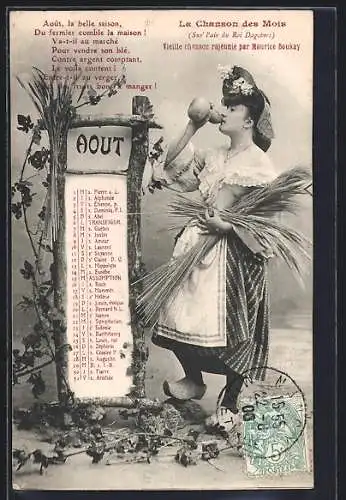 AK Junge Bäuerin mit Getreidegarben und Kalender-Blatt August