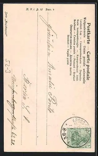 AK Metamorphose, Frau mit 100 DM-Säckchen als Kleeblatt-Neujahrpost