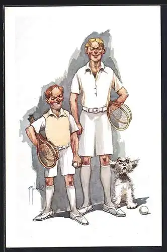 Künstler-AK Unansehnlich dargestellte Tennisspieler mit Hündchen