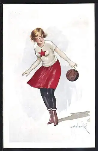 Künstler-AK Mädchen spielt Basketball