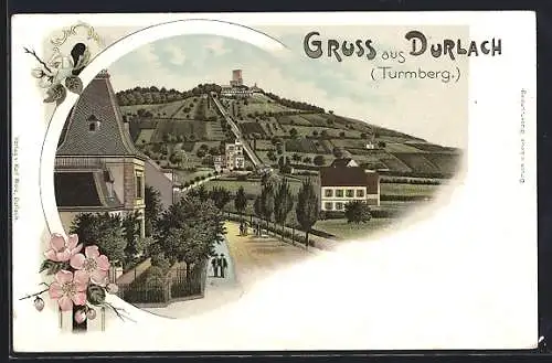 Lithographie Durlach, Turmberg mit Bergbahn