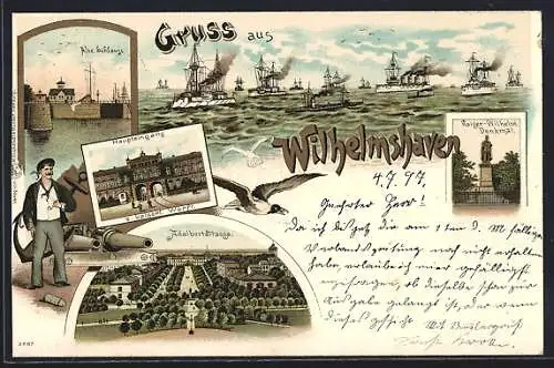 Lithographie Wilhelmshaven, Alte Schleuse, Haupteingang d. kgl. Werft, Adalbertstrasse, Kaiser-Wilhelm-Denkmal