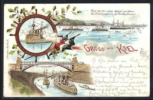 Lithographie Levensau, Nord-Ostsee-Kanal, Hochbrücke, Uferpartie, Schiff in Fahrt